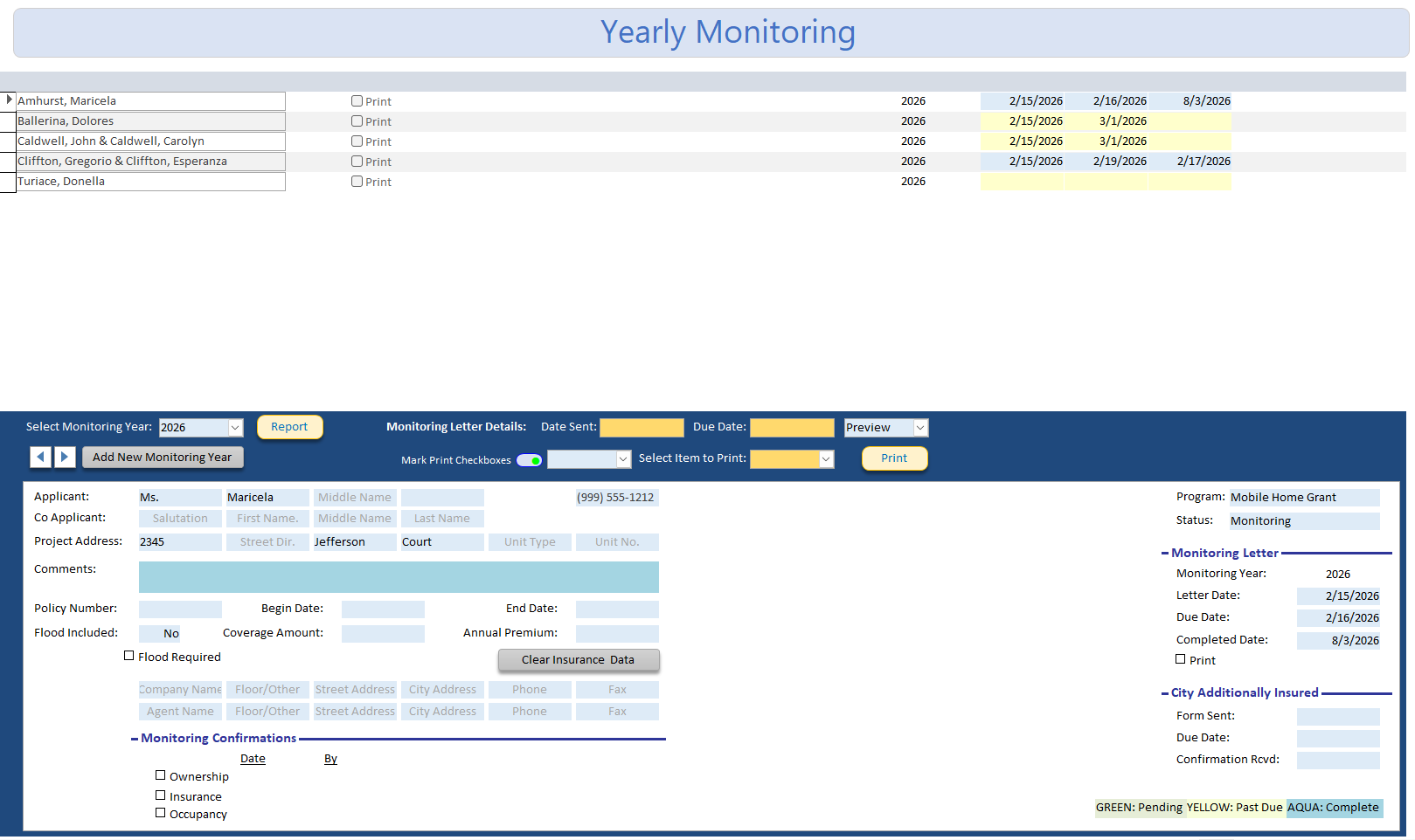 Yearly Monitoring screen with letter tracking and confirmations